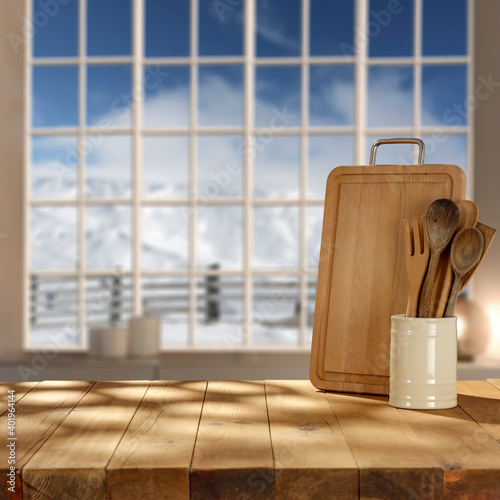 Fototapeta Desk of free space and winter window