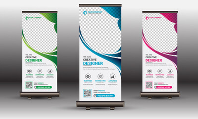 Blue, Red & Green Corporate Roll Up Banner, Standee Template Design