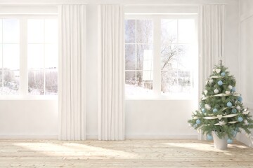 Empty christmas interior of living room. Scandinavian design. 3D illustration