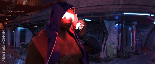 Fotografie, Obraz Man in glowing virtual reality glasses with futuristic phone against a street of a future city  with neon lights