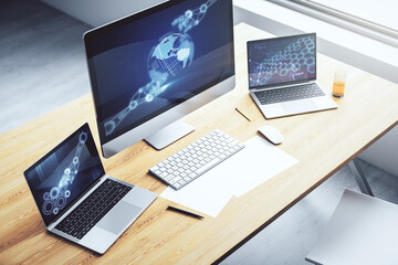 Aufkleber - Creative abstract robotics technology sketch with globe on modern laptop monitor, future technology and AI concept. 3D Rendering