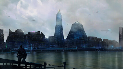 digital painting of a man looking out at a moody fog covered futuristic city on the water - science 