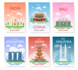 Asia travel. Exotic tour beautiful landmarks, historical city buildings. Tourist excursion postcards, discover southeast journey countries, east architecture posters. Vector card set