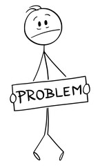 Poster - Vector cartoon stick figure illustration of frustrated stressed man holding problem sign covering his genital or crotch.