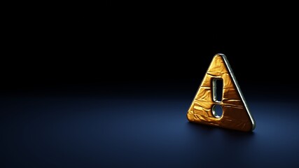 Poster - 3d rendering symbol of exclamation triangle wrapped in gold foil on dark blue background