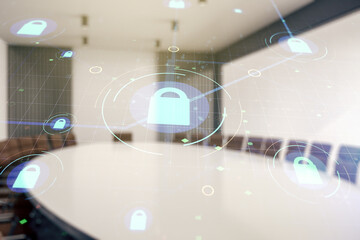 Aufkleber - Double exposure of virtual creative lock hologram with chip on a modern meeting room background. Information security concept
