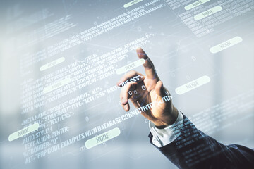 Poster - Male hand working with abstract virtual coding concept on blurred office background. Multiexposure