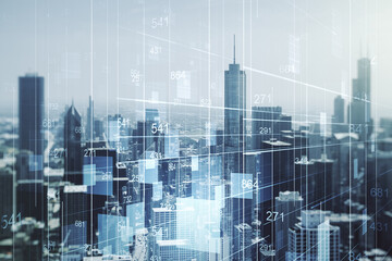 Poster - Multi exposure of abstract statistics data hologram interface on Chicago office buildings background, computing and analytics concept