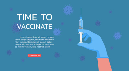 Wall Mural - time to vaccinate concept, doctor hands wearing rubber glove with syringe and needle, medical flu shot vaccine for the treatment of influenza virus, vector flat illustration