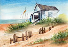Watercolor Illustration Of A Summer House On A Sandy Seashore With Grass, Destroyed Wooden Fence And Boat Masts In The Background