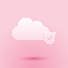 Poster - Paper cut Cloud and shield with check mark icon isolated on pink background. Cloud storage data protection. Security, safety, protection, privacy. Paper art style. Vector.