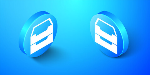 Poster - Isometric Drawer with documents icon isolated on blue background. Archive papers drawer. File Cabinet Drawer. Office furniture. Blue circle button. Vector.