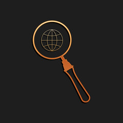 Poster - Gold Magnifying glass with globe icon isolated on black background. Analyzing the world. Global search sign. Long shadow style. Vector.