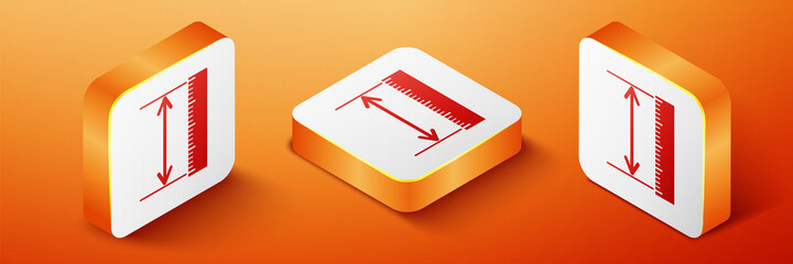 Poster - Isometric The measuring height and length icon isolated on orange background. Ruler, straightedge, scale symbol. Geometrical instruments. Orange square button. Vector.