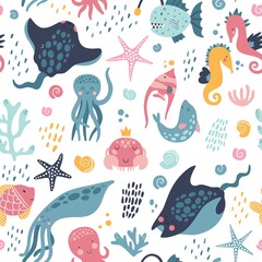 Canvas Print - Sea life cute vector pattern. Vector illustration for kids design, wallpaper, wrapping, textile, package design.