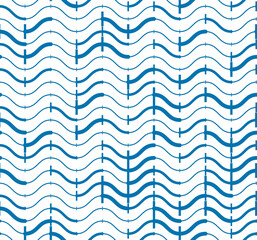 Wavy lines regular repeat endless background, vector abstract seamless pattern, technical digital style blue colored rhythmic waves.