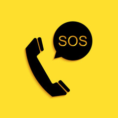 Poster - Black SOS call icon isolated on yellow background. 911, emergency, help, warning, alarm. Long shadow style. Vector.