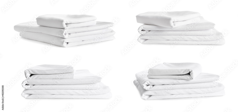 Set with stacks of clean bed linen on white background. Banner design - obrazy, fototapety, plakaty 
