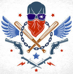 Wall Mural - Gang brutal criminal emblem or logo with aggressive skull baseball bats and other weapons and design elements, vector anarchy crime terror retro style, ghetto revolutionary.