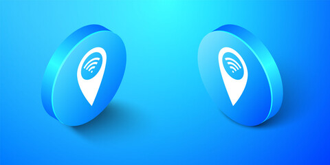Fototapete - Isometric Pointer map with wifi internet signal connection icon isolated on blue background. Blue circle button. Vector.