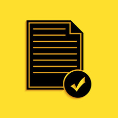 Poster - Black Document and check mark icon isolated on yellow background. Checklist icon. Business concept. Long shadow style. Vector.