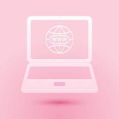 Fototapete - Paper cut Website on laptop screen icon isolated on pink background. Globe on screen of laptop symbol. World wide web symbol. Paper art style. Vector.