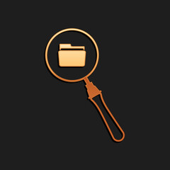 Poster - Gold Search concept with folder icon isolated on black background. Magnifying glass and document. Data and information sign. Long shadow style. Vector.