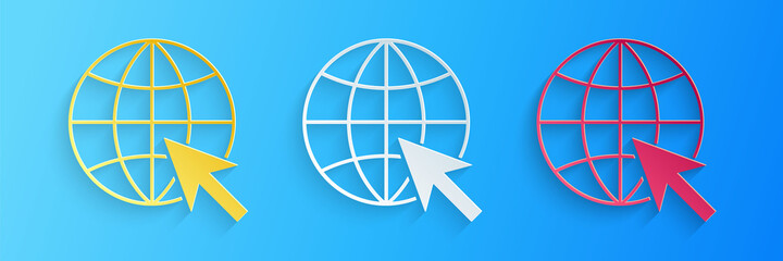 Poster - Paper cut Go To Web icon isolated on blue background. Globe and cursor. Website pictogram. World wide web symbol. Paper art style. Vector.