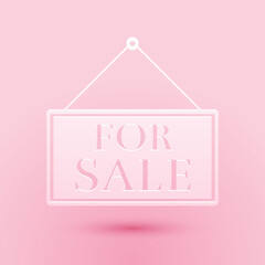 Wall Mural - Paper cut Hanging sign with text For Sale icon isolated on pink background. Paper art style. Vector.