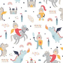 Childish Seamless Pattern With Knight, Dragon And Castle. Perfect For Kids Design, Fabric, Wrapping, Wallpaper, Textile, Apparel