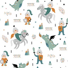 Childish seamless pattern with knight, dragon and castle. Perfect for kids design, fabric, wrapping, wallpaper, textile, apparel