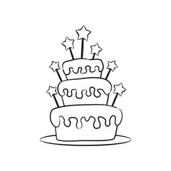 Hand drawn tiered birthday cake, black and white coloring. Sweet cake with stars. Contour vector illustration on the theme of birthday, anniversary, holiday.