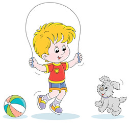 Wall Mural - Happy little boy jumping rope with his small cute pup, vector cartoon illustration isolated on a white background