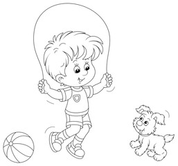 Wall Mural - Happy little boy jumping rope with his small cute pup, black and white outline vector cartoon illustration for a coloring book page