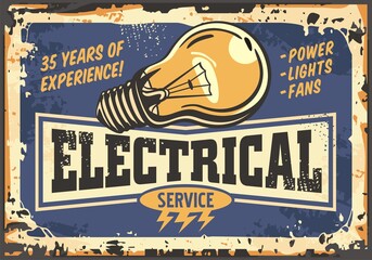 Electrical service and maintenance retro sign with yellow light bulb. Electrical power and energy poster concept. Vector template.