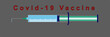 Eine Spritze für die covid-19 Impfung aus der zwei Tropfen aus der Nadelspitze kommen vor grauem Hintergrund, vaccine