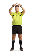 Full Length Portrait Of Football Referee Gesturing A VAR Symbol