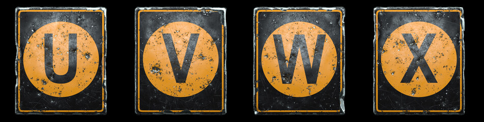 Set of public road sign orange and black color with a capital letters U, V, W, X in the center isolated on black background. 3d