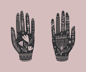 Wall Mural - decorative hands with flowers and plants in boho style. vector illustration.