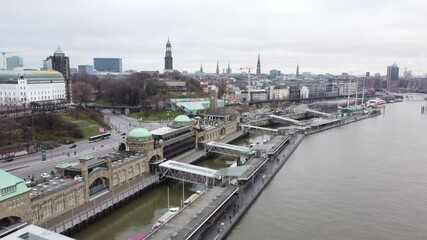 Wall Mural - Flight over St Pauli Landungsbrucken in the harbour of Hamburg - aerial view