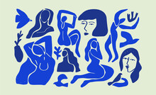 Set Of Abstract Blue Women Illustration Collection. Big Bundle Of Flat Cartoon Woman Figures, Young Vintage Matisse Art Female Body Studies. Beautiful Fine Artwork For Fashion Or Modern Trend Project.