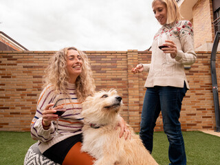 Poster - A beautiful shot of two blonde females and a cute dog smiling and drinking red wine