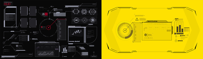 Poster - Callouts titles and frame in Sci- Fi style. Bar labels, info call box bars. Futuristic info boxes layout templates. Abstract digital technology UI, UX Futuristic HUD, FUI.