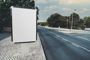 Wall Mural - A mockup of a blank vertical ad banner on the paving-stone; the template of an empty advertising poster in suburban settings; a mock-up of a white information placeholder near the road intersection