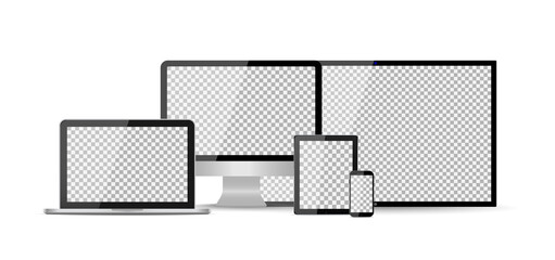 Poster - mockup of tv, computer, phone, laptop, tablet with digital screens. devices isolated on white backgr