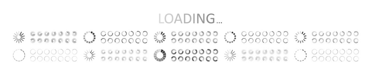 Fototapete - Icon of load. Countdown of loader. Symbols of preloaded buffer. Circles of wait for app. Status of progress of download with wait. Digital graphic collection of indicators of speed upload. Vector