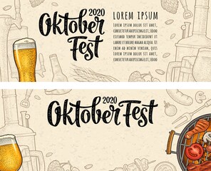 Horizontal poster to oktoberfest 2020 festival. Vintage color vector engraving