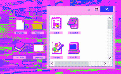 Poster - Vaporwave retro user interface with open blank window of text editor. Retrofuturistic abstract illustration with pixel glitches.
