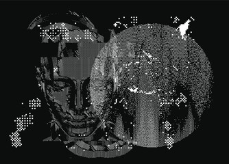 Aufkleber - Head silhouette made of pixels and particles. Vector illustration in retrowave cyberpunk style like in old computer graphics of 80s years.