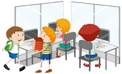 Poster - Students with computer classroom elements on white background